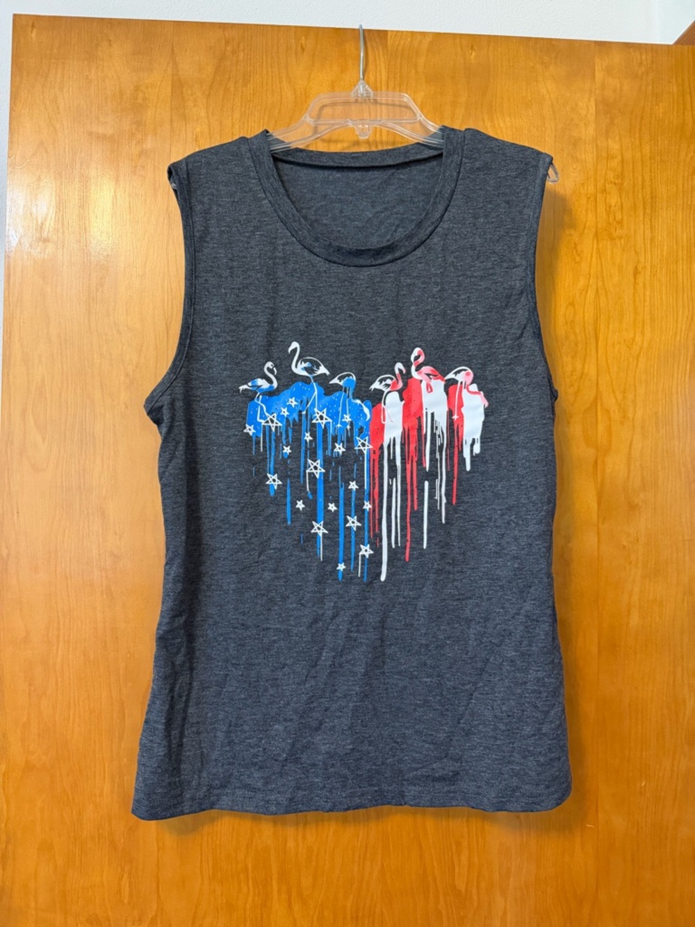 Sleeveless Dark Gray Graphic Tank Top with Red & Blue Flamingo Heart Size S